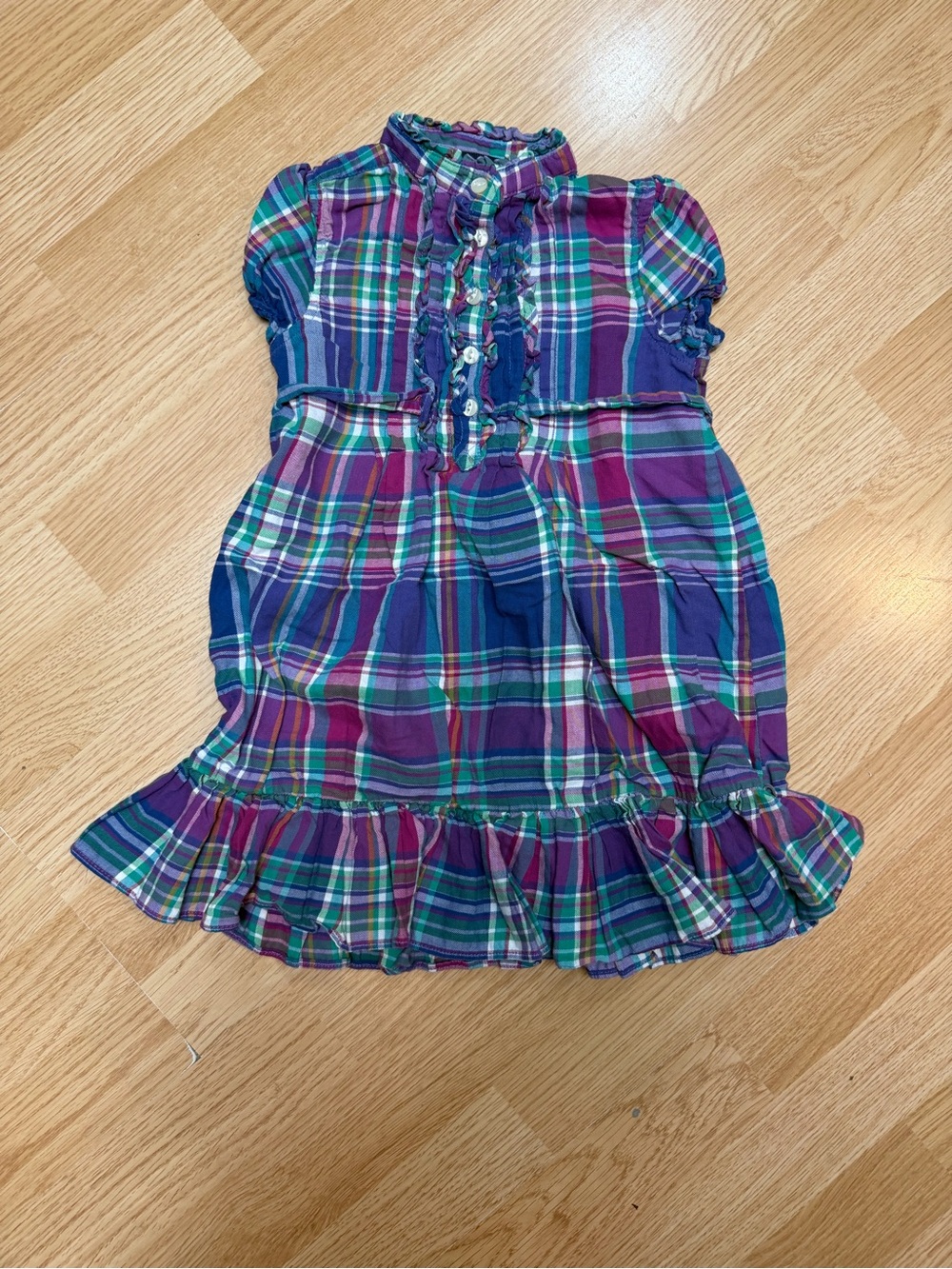 Ralph Lauren Girls 3T Purple Plaid Ruffle Button Front Cotton Dress Preppy